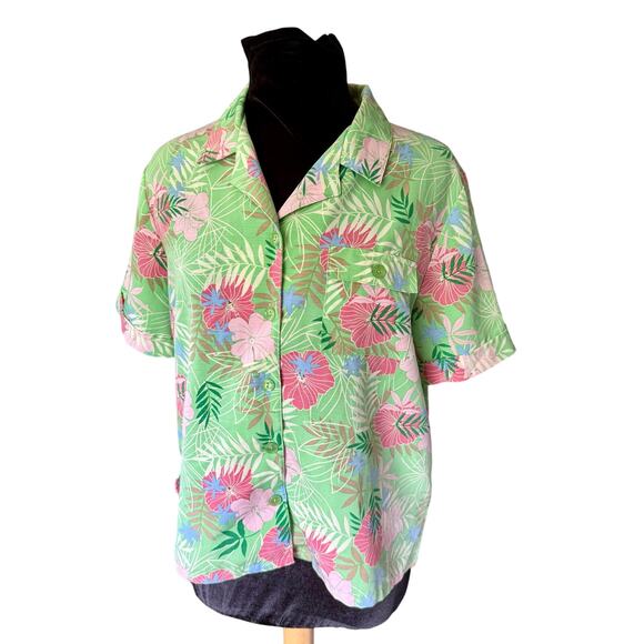 Vintage 90’s Sag Harbor Green Pink Tropical Hawaiian Short Sleeve Blouse Medium - Picture 1 of 7